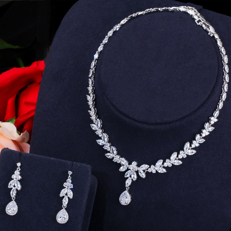 Zirconia Silver Bridal Jewelry Necklace Set JW3022 LaceDesign