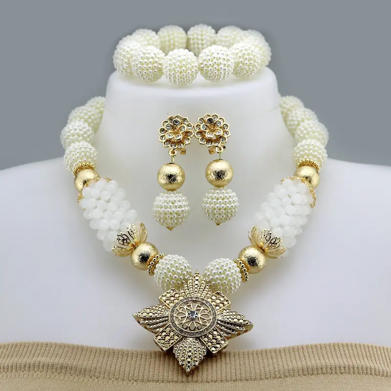 Laanc Latest African Beads Jewelry Set Royal Blue and White Simulated Pearl  Nigerian Wedding Necklace AL703
