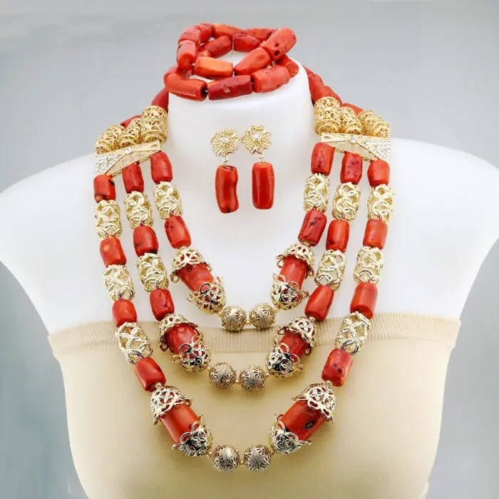Handmade unique coral jewelry, made with white coral chip beads accented  with gold plated accessories Nigerian Bead Jewelry