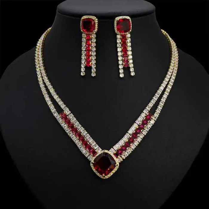 High Quality CZ Diamonds Ruby Necklace Earrings Set Bridal 